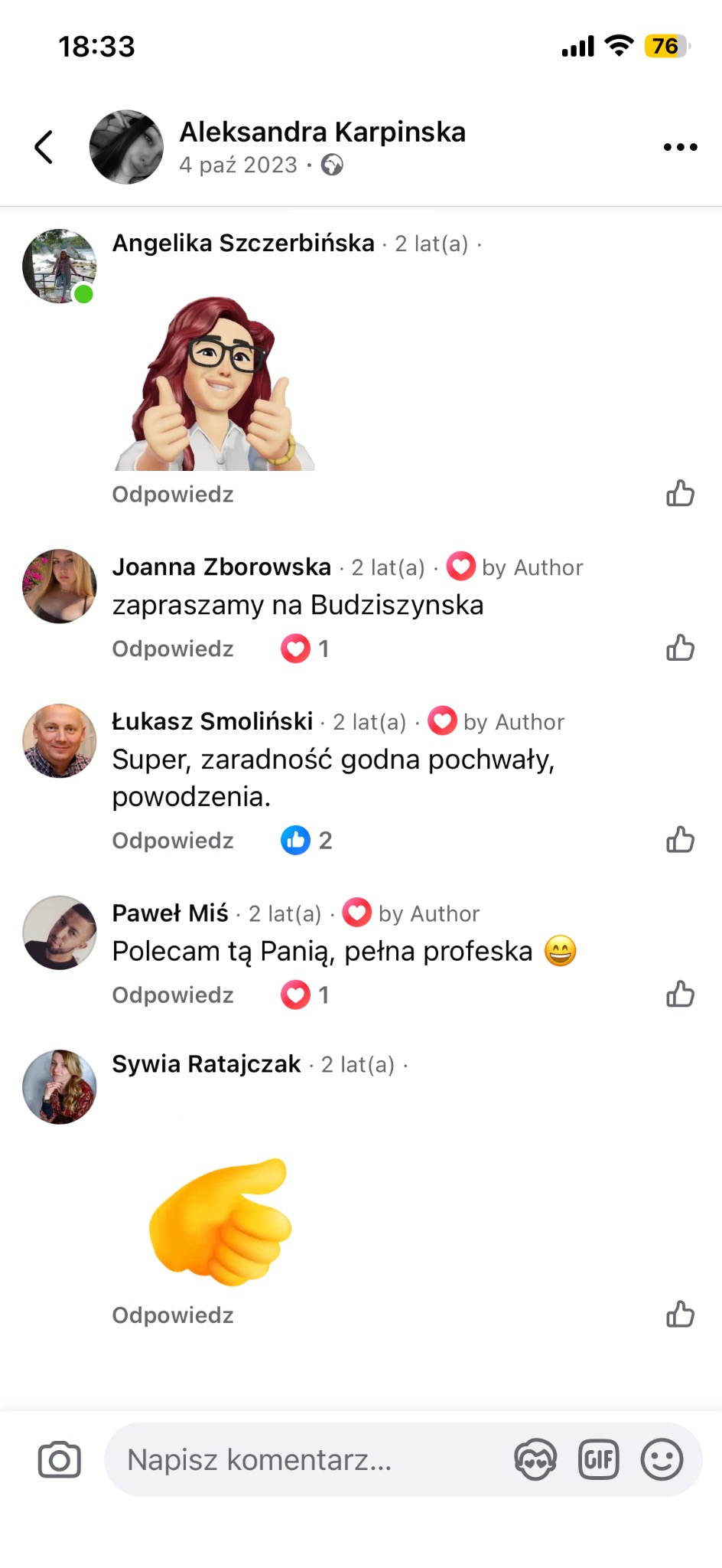 Zrzut ekranu z komentarzami na Facebooku, zawierający pozytywne opinie o usługach Aleksandry Karpinskiej, z datami wpisów i reakcjami użytkowników.