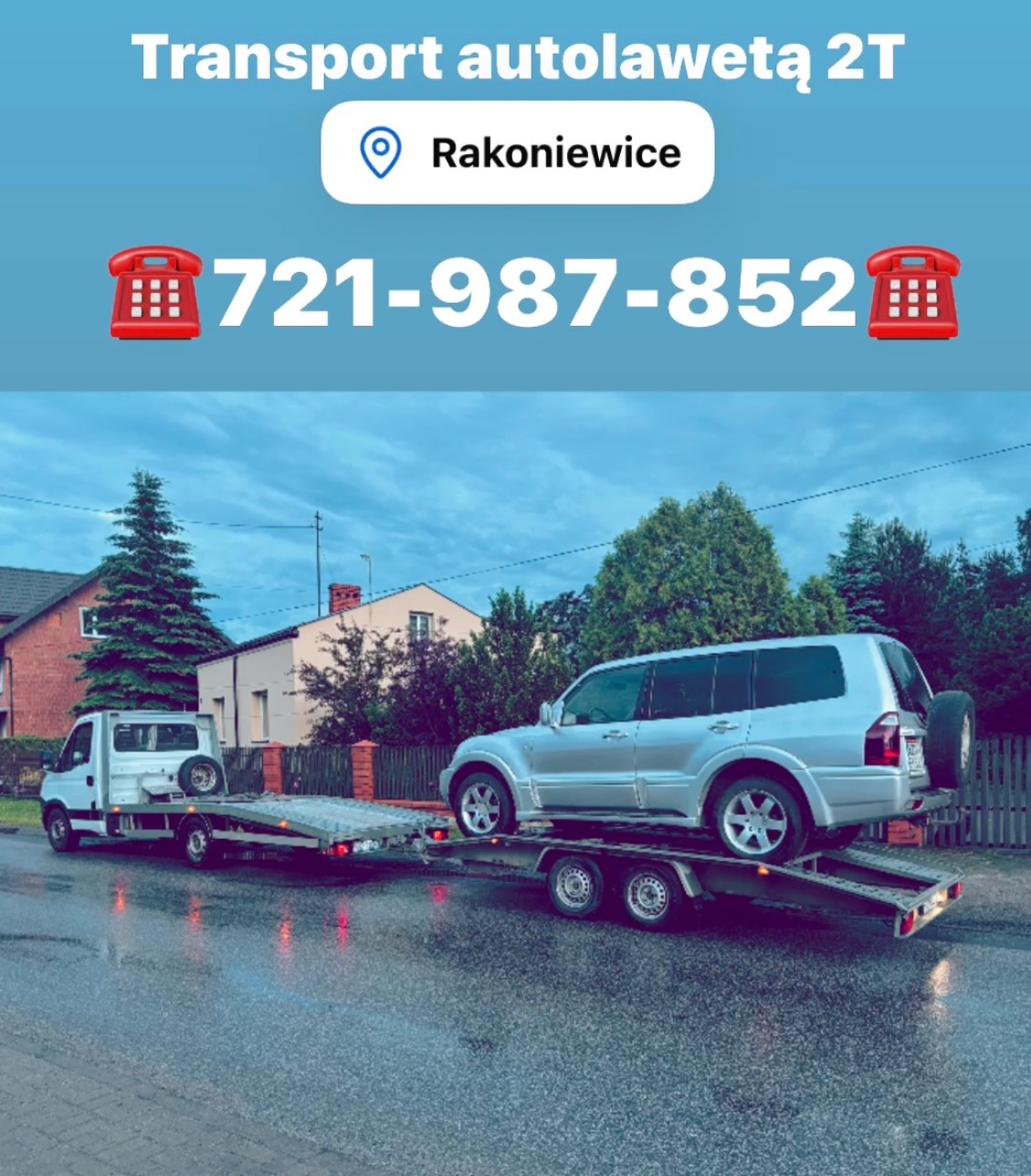 Autolaweta z srebrnym SUV-em na platformie transportowej, z napisem 'Transport autolawetą 2T' i numerem telefonu na górze, Rakoniewice.