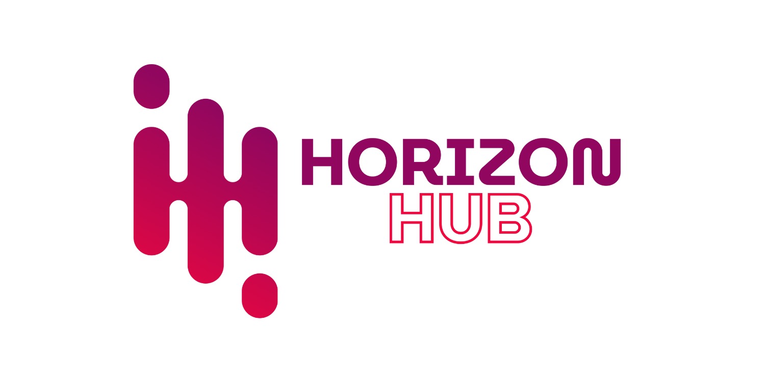 Logo 'Horizon Hub' z abstrakcyjnym symbolem po lewej stronie, gradient fioletowo-różowy, na białym tle.