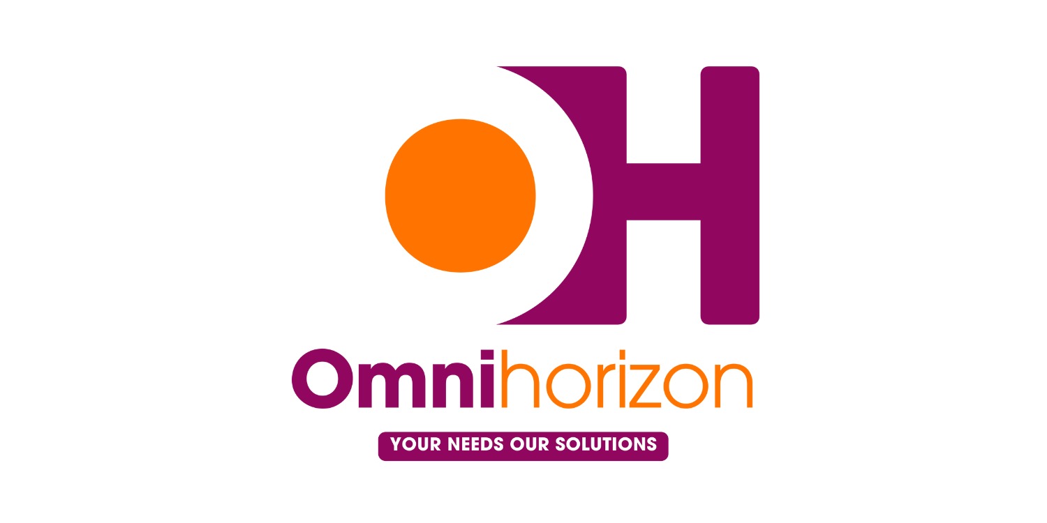 Logo firmy Omnihorizon: pomarańczowe koło połączone z fioletową literą H, poniżej nazwa firmy i hasło 'YOUR NEEDS OUR SOLUTIONS' na białym tle.