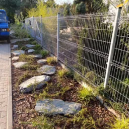Ścieżka z nieregularnych, szarych kamieni w ogrodzie, obłożona korą, z młodymi roślinami ozdobnymi, oddzielona metalową siatką od trawnika, z boku zaparkowany niebieski samochód dostawczy.