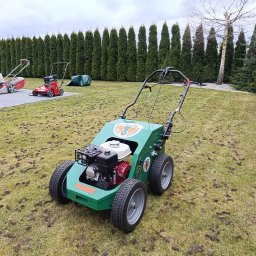 Ogrody Perfecto - Aerator do trawy Billy Goat na trawniku po aeracji. W tle rząd tuj i inne kosiarki. Widoczne małe grudki ziemi na trawie po zabiegu aeracji.