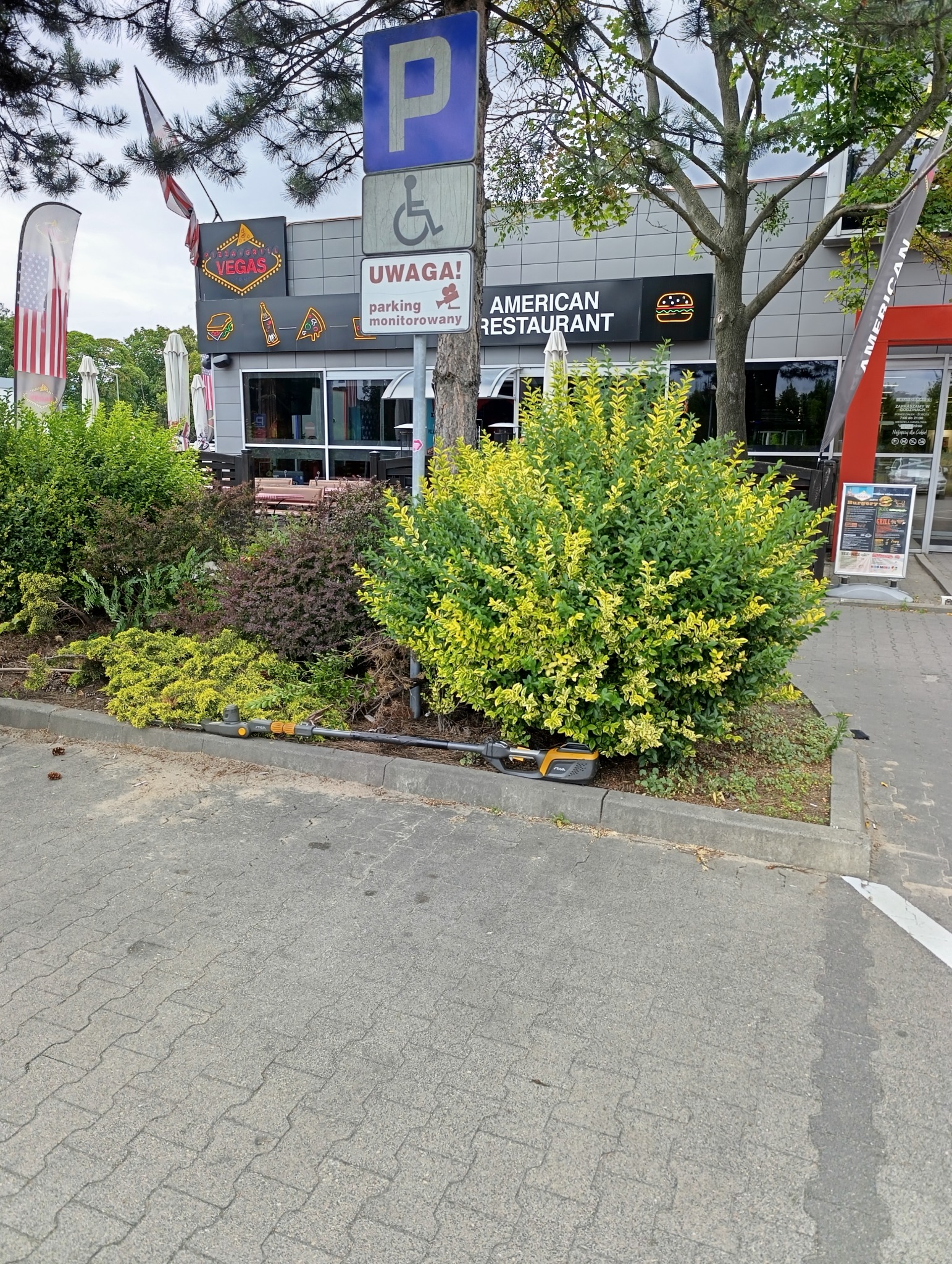 Przycięte krzewy przed restauracją z narzędziem do pielęgnacji. Krzewy są zielone i żółte, a w tle widoczny jest budynek restauracji z szyldami.