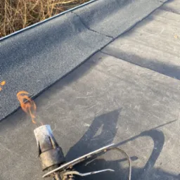 Palnik dekarski w trakcie pracy na płaskim dachu pokrytym papą, widoczne płomienie i cień narzędzia na tle krzewów.