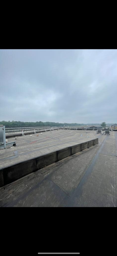 Rozległy, płaski dach pokryty papą termozgrzewalną z widocznymi obróbkami blacharskimi i elementami wentylacji, na tle pochmurnego nieba i odległych drzew.