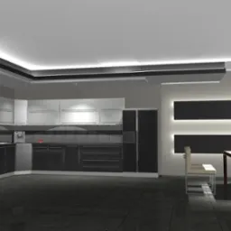 Wizualizacja nowoczesnej kuchni z czarno-białymi szafkami, czarnym blatem i szarą podłogą. Na ścianie dekoracyjne panele podświetlone LED, stół z krzesłami pod wiszącą lampą.