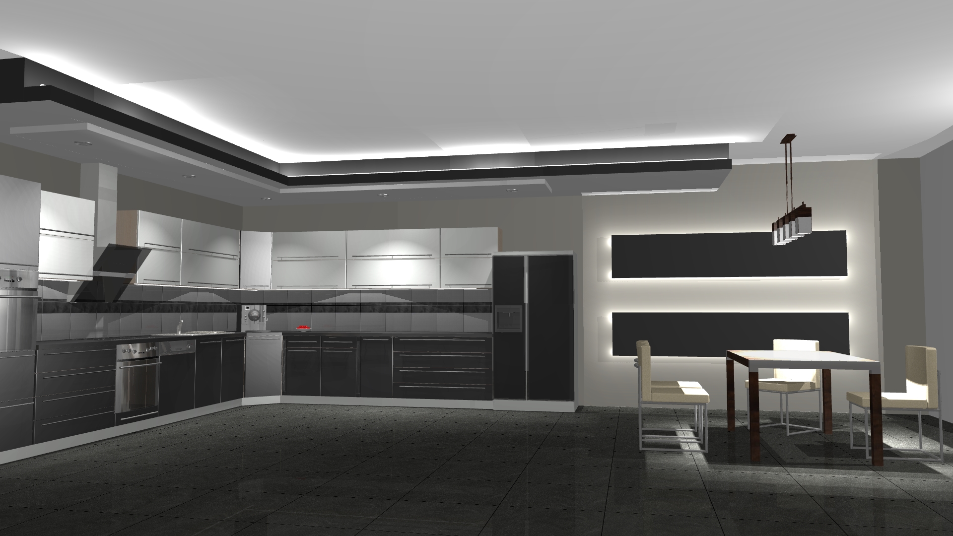 Wizualizacja nowoczesnej kuchni z czarno-białymi szafkami, czarnym blatem i szarą podłogą. Na ścianie dekoracyjne panele podświetlone LED, stół z krzesłami pod wiszącą lampą.