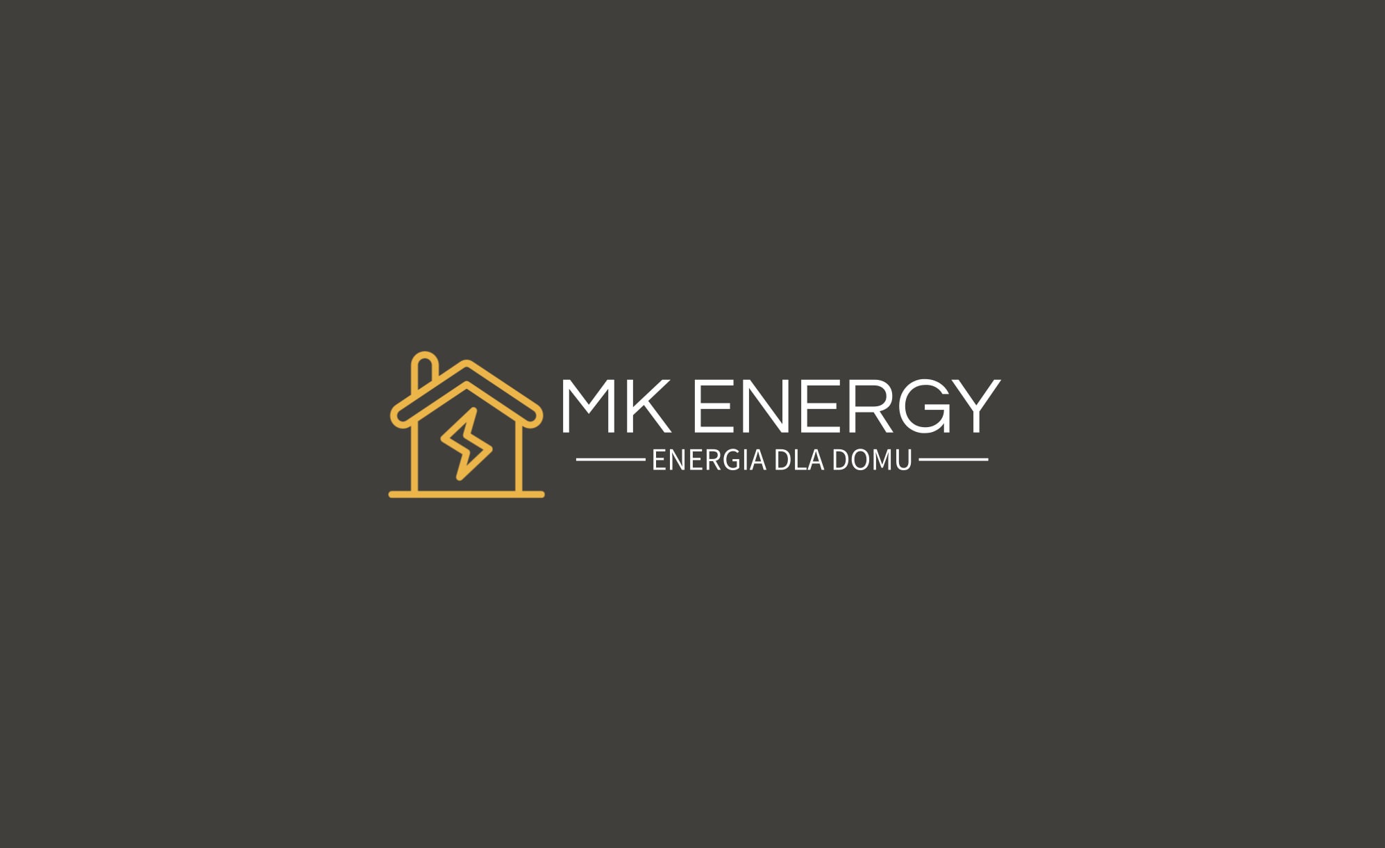 Logo firmy MK ENERGY: grafika domu z błyskawicą w środku, obok nazwa firmy i hasło 'Energia dla domu' na szarym tle.