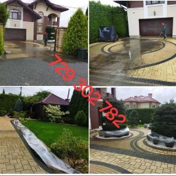 Roman Horun - Czteropanelowe ujęcie posesji: mycie kostki brukowej na podjeździe z wzorem, czyszczenie ścieżki w ogrodzie, widok na zadbane krzewy na kostce brukowej.