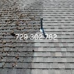 Roman Horun - Częściowo oczyszczony dach pokryty bitumiczną dachówką, widoczny kontrast między brudną, porośniętą mchem lewą stroną a czystą, prawą stroną dachu.