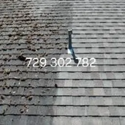 Częściowo oczyszczony dach pokryty bitumiczną dachówką, widoczny kontrast między brudną, porośniętą mchem lewą stroną a czystą, prawą stroną dachu.