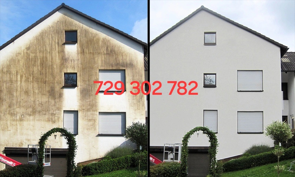 Porównanie stanu elewacji przed i po czyszczeniu, widoczne wyraźne różnice w kolorze i czystości, z lewej strony zabrudzona ściana, z prawej odnowiona powierzchnia.