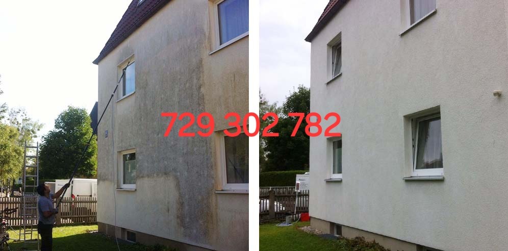 Porównanie elewacji budynku przed i po czyszczeniu, widoczny pracownik z lancą teleskopową i drabina, zieleń w tle.