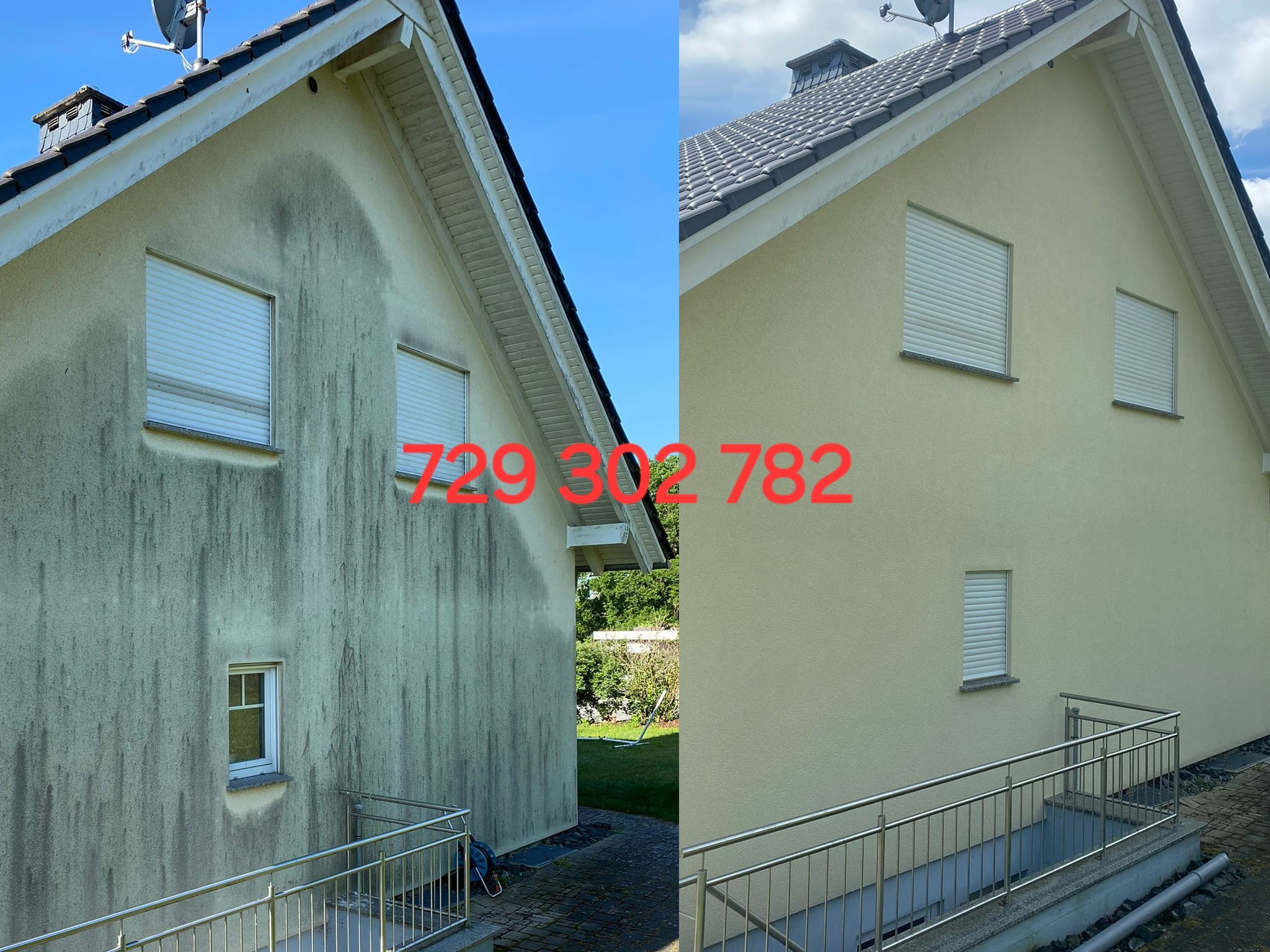 Porównanie elewacji domu przed i po umyciu, widoczne różnice w czystości ścian i detale architektoniczne