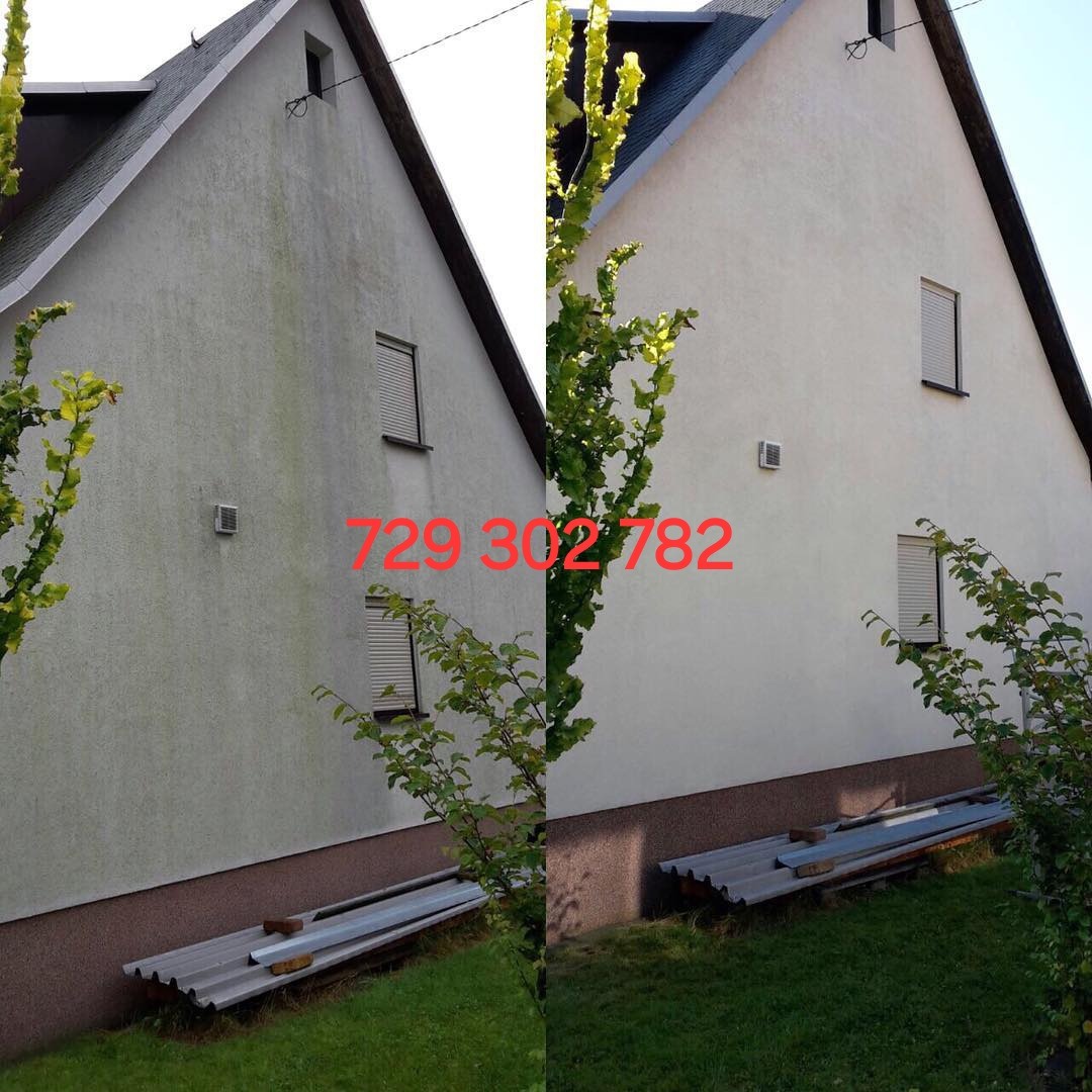 Porównanie elewacji domu przed i po czyszczeniu, widoczne wyraźne różnice w kolorze i czystości tynku.