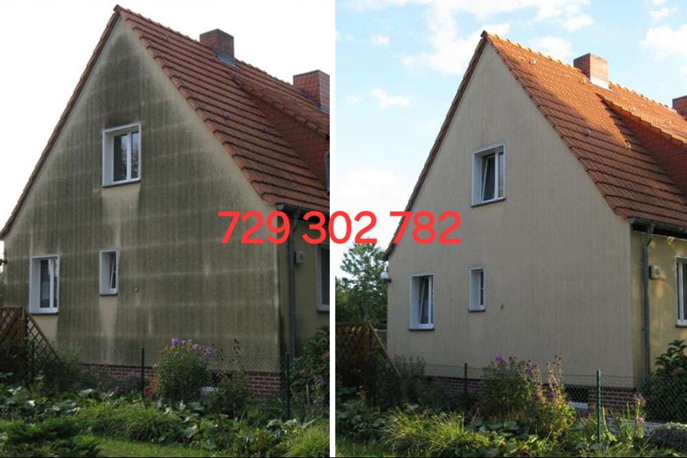 Porównanie elewacji domu przed i po czyszczeniu, widoczne wyraźne różnice w kolorze i czystości. Na elewacji po prawej stronie widoczny numer telefonu.