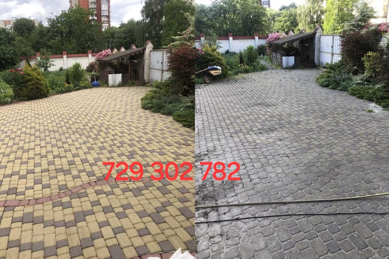 Porównanie kostki brukowej przed i po czyszczeniu, widoczna różnica w kolorze i usuniętych zabrudzeniach, na tle zadbanego ogrodu z altankami.
