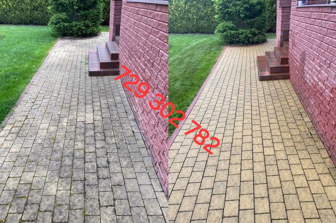 Porównanie kostki brukowej przed i po czyszczeniu, widoczne różnice w kolorze i usunięciu zabrudzeń, fragment budynku z cegły w tle.