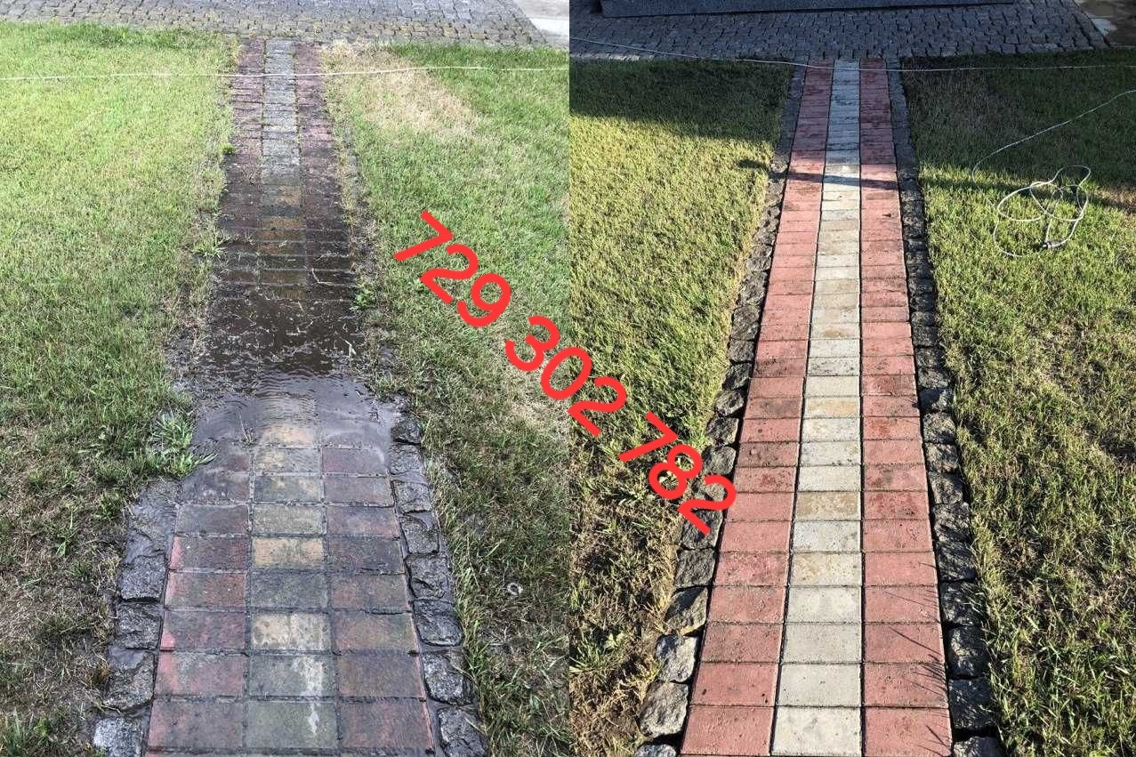 Porównanie kostki brukowej przed i po czyszczeniu: po lewej stronie brudna i mokra, po prawej czysta i sucha, z widocznym numerem telefonu nałożonym na zdjęcie.