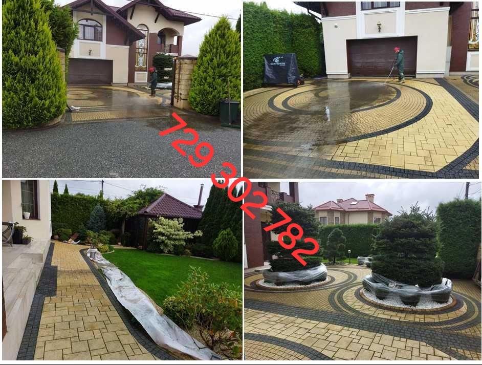 Czteropanelowe ujęcie posesji: mycie kostki brukowej na podjeździe z wzorem, czyszczenie ścieżki w ogrodzie, widok na zadbane krzewy na kostce brukowej.