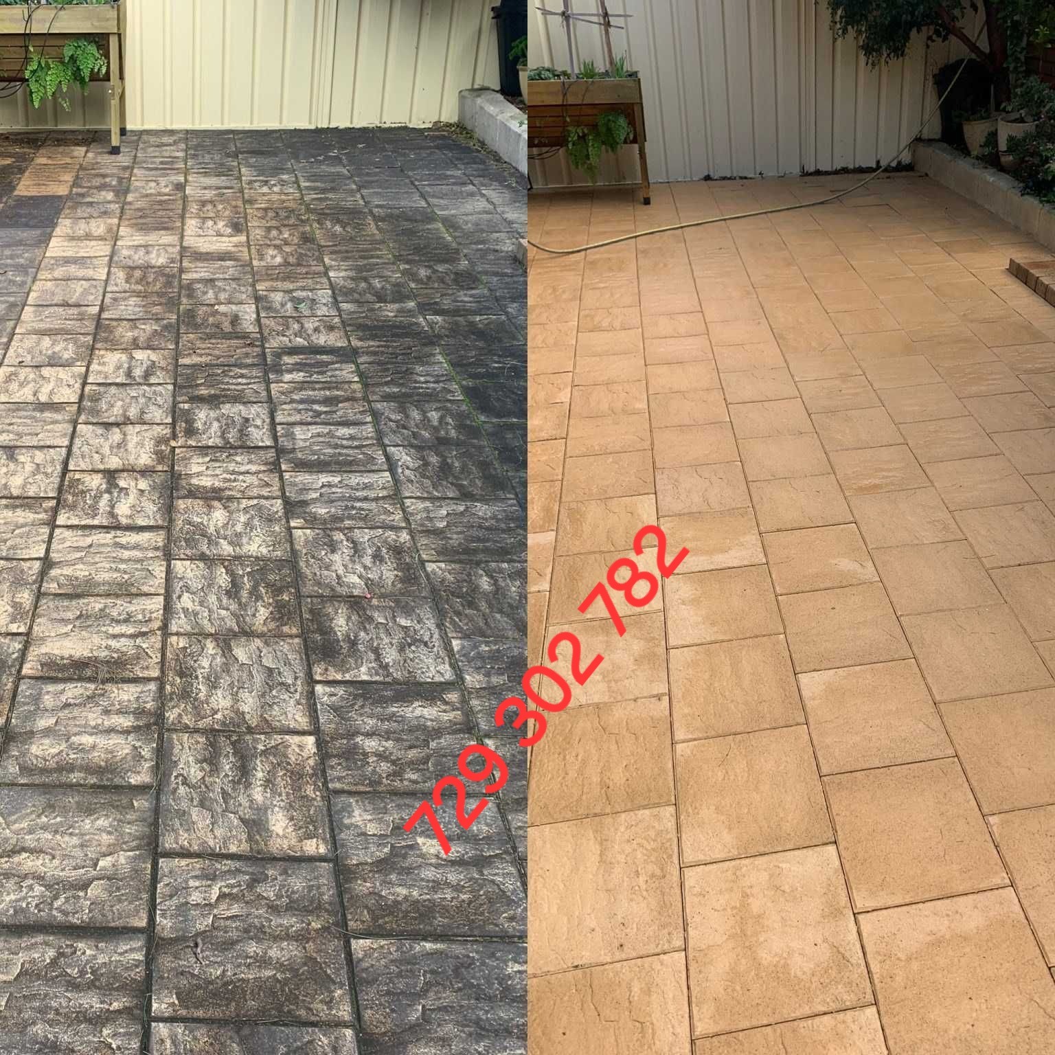 Porównanie kostki brukowej przed i po czyszczeniu, widoczna znaczna różnica w kolorze i usunięcie zabrudzeń.