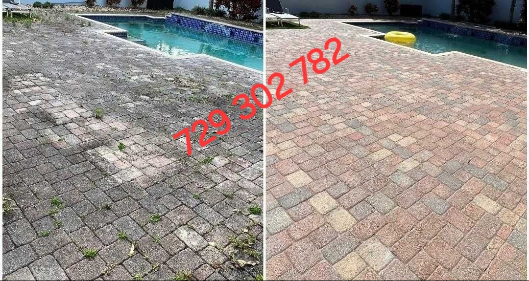 Porównanie kostki brukowej przed i po czyszczeniu, widoczne różnice w kolorze i usunięte chwasty, obok basen z żółtym kołem ratunkowym.