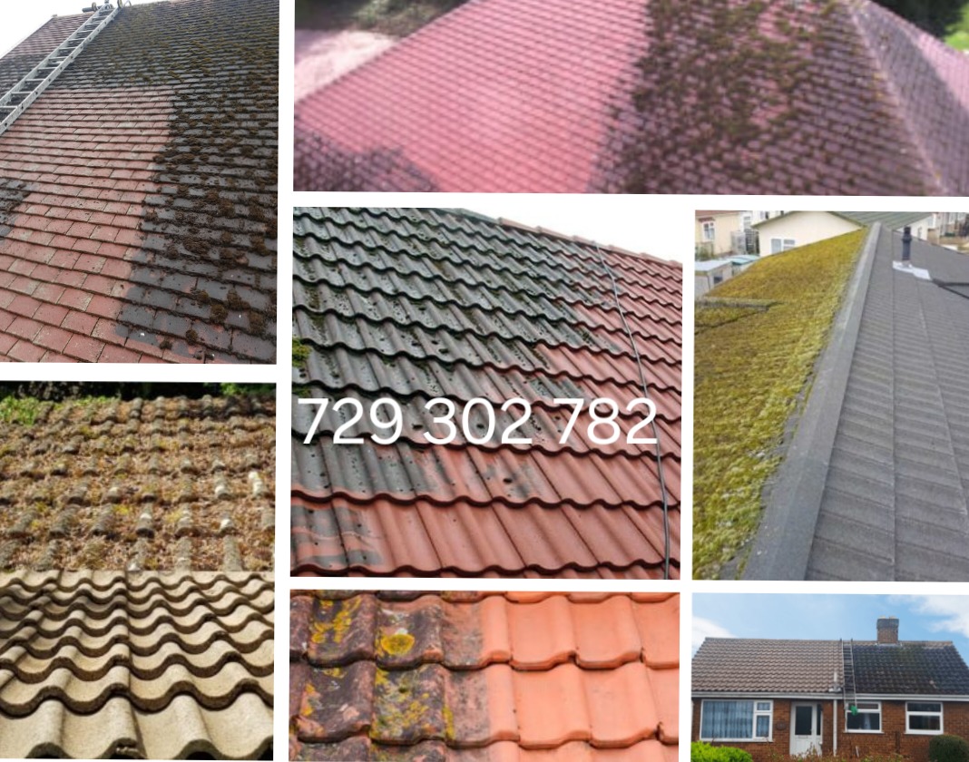 Kompozycja zdjęć przedstawiających dachy przed i po czyszczeniu, ukazujących usunięcie mchu i zabrudzeń, z różnymi rodzajami dachówek i kątami ujęć, w tym zbliżenia na detale i widok całego dachu...