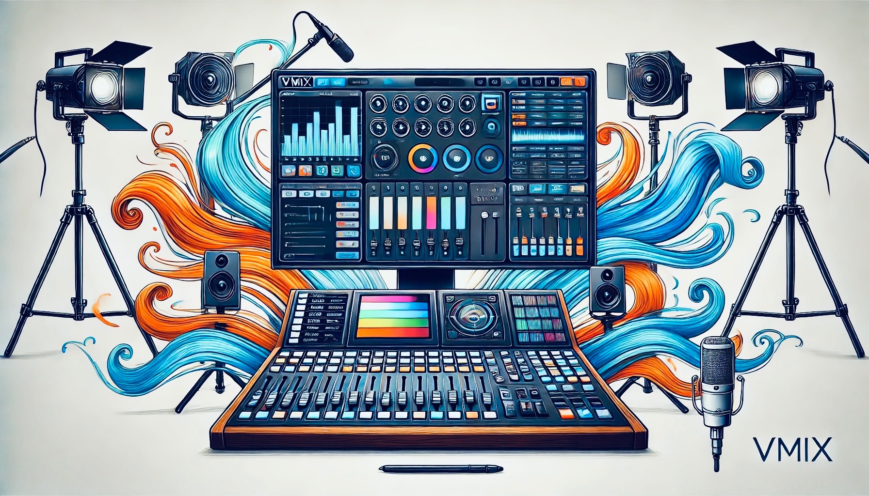 Ilustracja cyfrowa przedstawiająca stanowisko do produkcji muzycznej z mikserem, ekranem z oprogramowaniem DAW, mikrofonem, oświetleniem studyjnym i głośnikami, ozdobiona stylizowanymi falami...