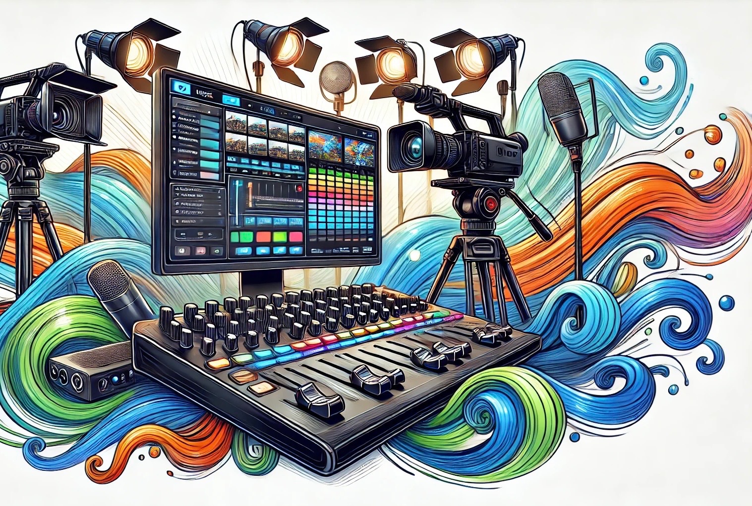Kompozycja sprzętu do edycji wideo: kamera na statywie, mikrofon, monitor z interfejsem edytora i mikser audio, otoczone stylizowanymi, kolorowymi falami.