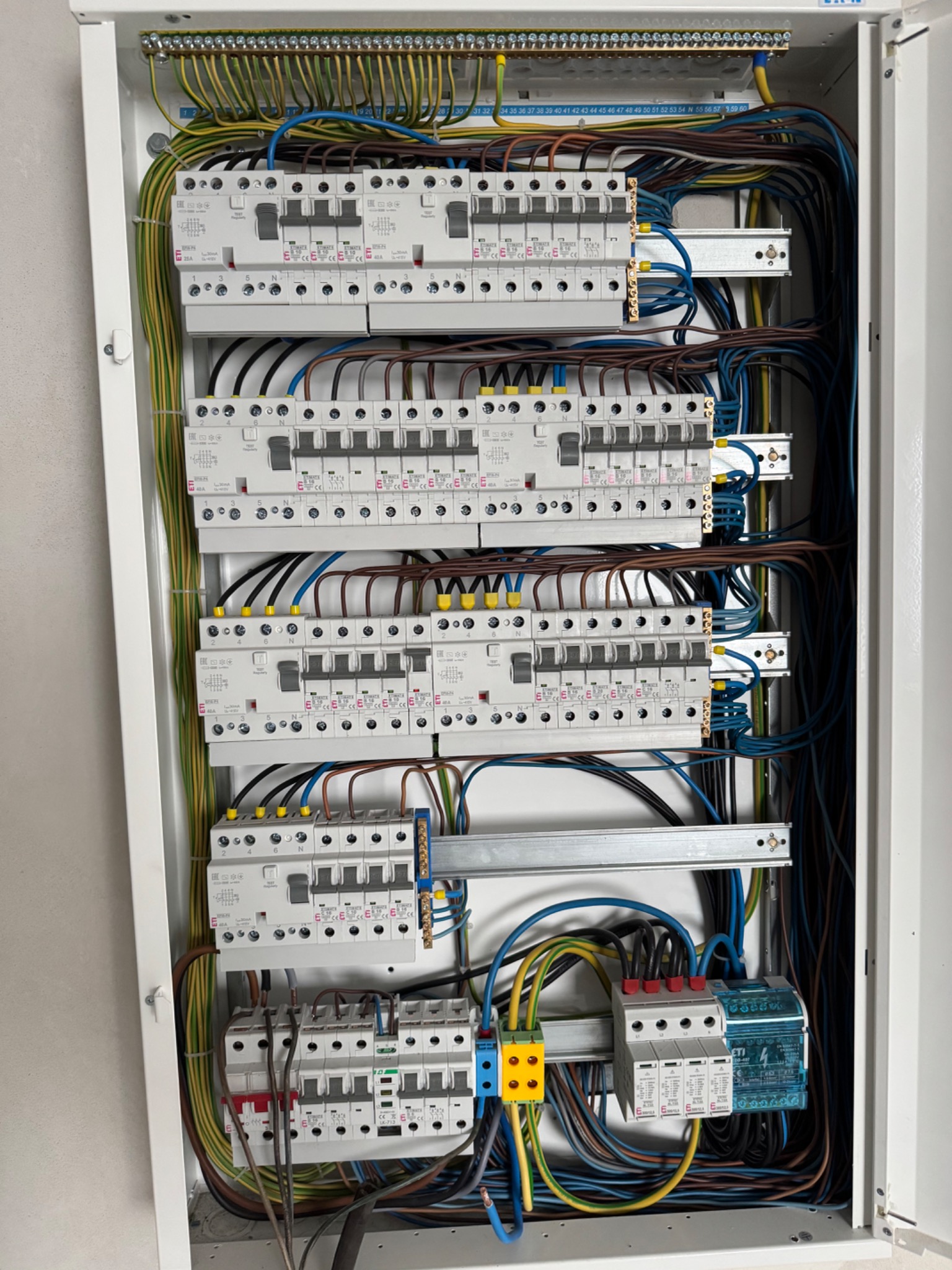 Rozdzielnica elektryczna z zamontowanymi bezpiecznikami, przewody ułożone wewnątrz białej obudowy. Widoczne złącza i zabezpieczenia.