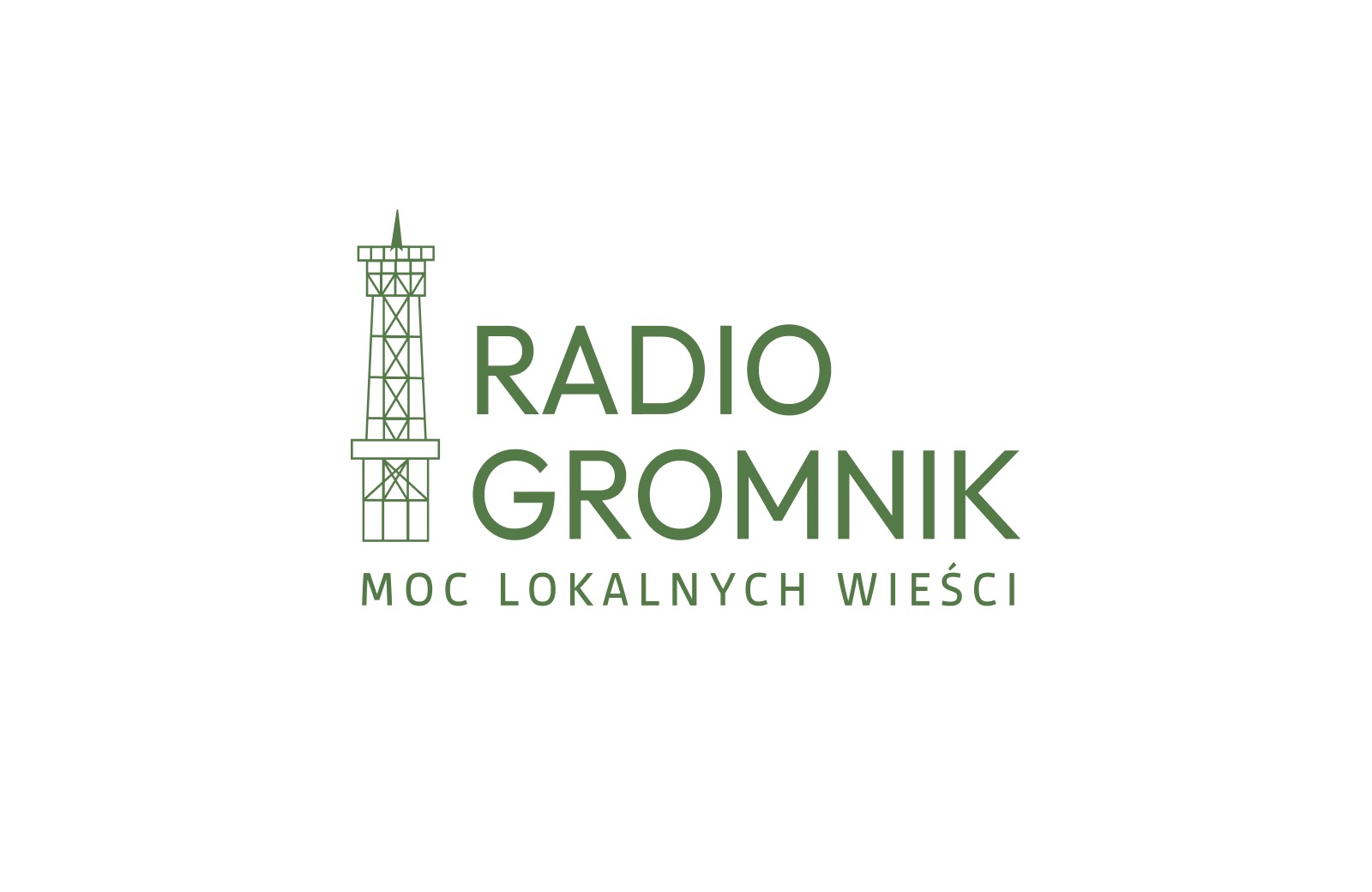 Zielone logo Radio Gromnik z minimalistyczną grafiką wieży radiowej po lewej stronie i hasłem 'Moc Lokalnych Wieści' poniżej nazwy.