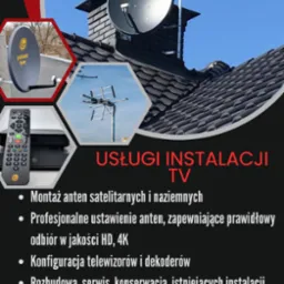 Grafika reklamowa usług instalacji TV: antena satelitarna na dachu, antena naziemna, dekoder z pilotem. Usługi montażu, ustawienia, konfiguracji i serwisu anten.