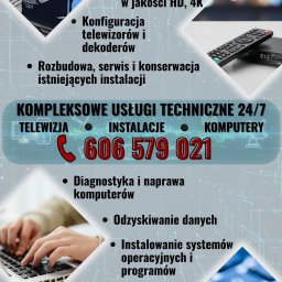 Paweł Janicki - Grafika reklamowa usług technicznych 24/7: montaż anten, konfiguracja TV, naprawa komputerów, odzyskiwanie danych. Kontakt telefoniczny widoczny na grafice.