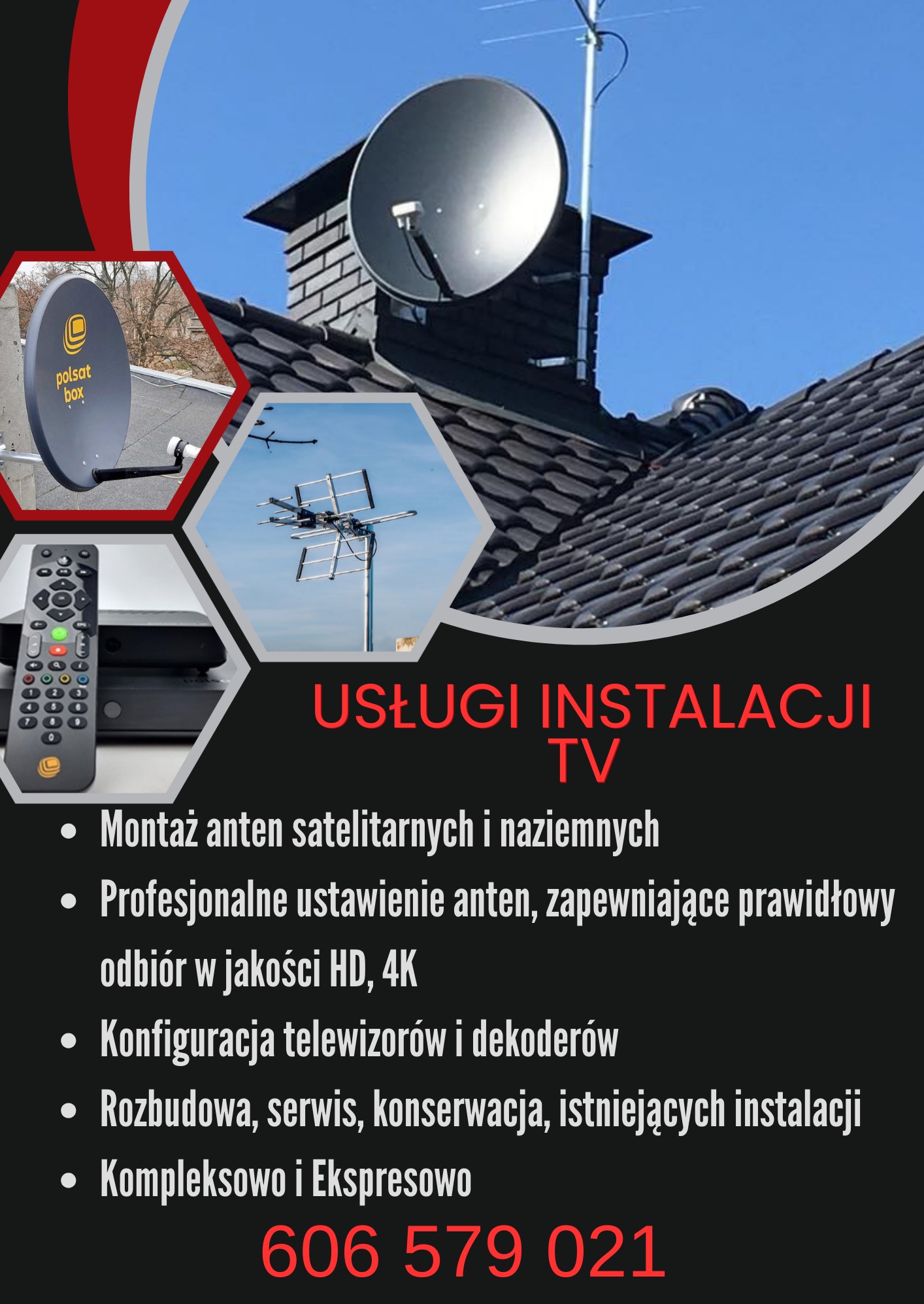 Grafika reklamowa usług instalacji TV: antena satelitarna na dachu, antena naziemna, dekoder z pilotem. Usługi montażu, ustawienia, konfiguracji i serwisu anten.