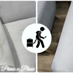 Porównanie fragmentu jasnoszarego fotela przed i po czyszczeniu, widoczne plamy i zabrudzenia po lewej stronie oraz czysta powierzchnia po prawej, z logo firmy pośrodku.