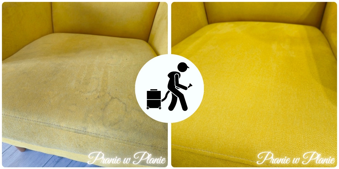 Żółty fotel tapicerowany: po lewej stronie widoczne plamy i zabrudzenia na tkaninie, po prawej stronie fotel po czyszczeniu, z logo firmy pomiędzy.