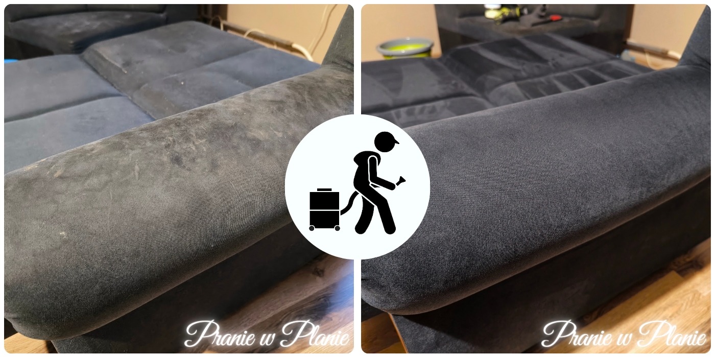 Porównanie stanu sofy przed i po czyszczeniu w Pszczynie, widoczne różnice w kolorze i czystości tapicerki.