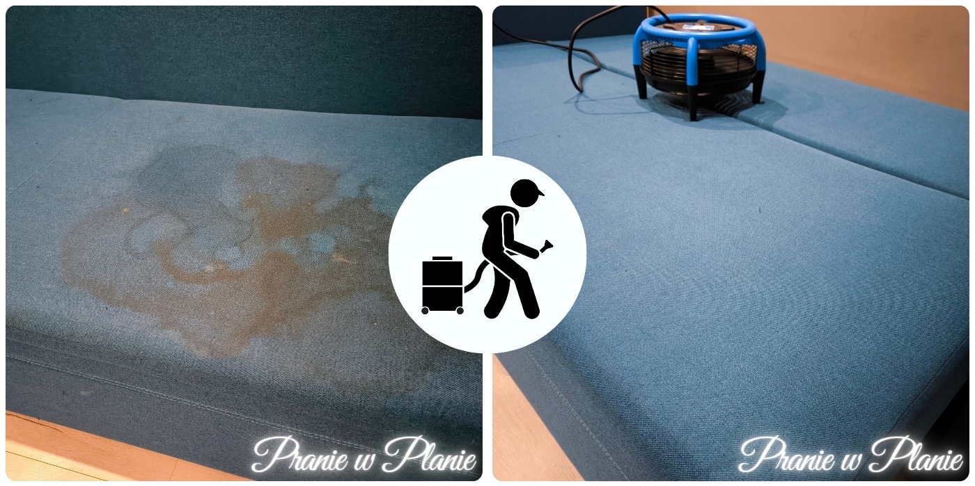 Dzielone ujęcie niebieskiej kanapy: po lewej zabrudzona plamami, po prawej wysuszona wentylatorem po czyszczeniu.