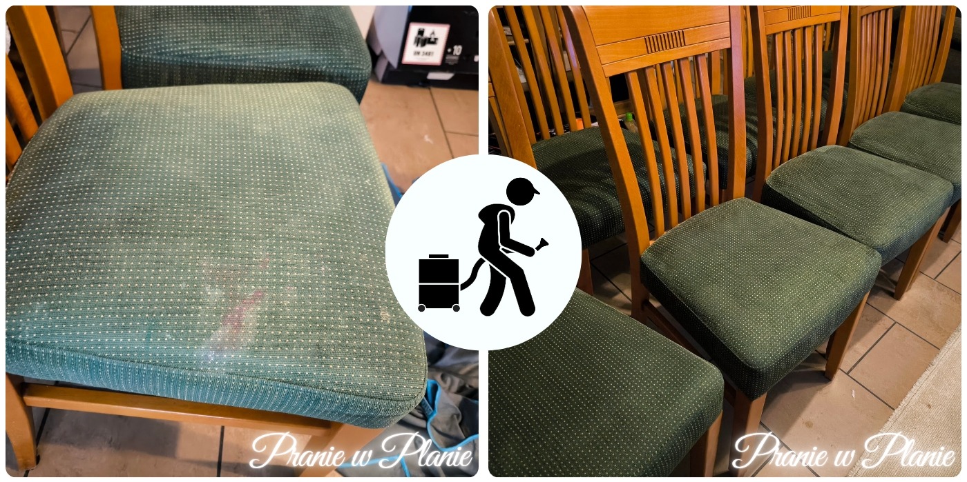 Krzesło z zieloną tapicerką w kropki: widoczna plama przed czyszczeniem (po lewej) i czysty wygląd po praniu (po prawej).