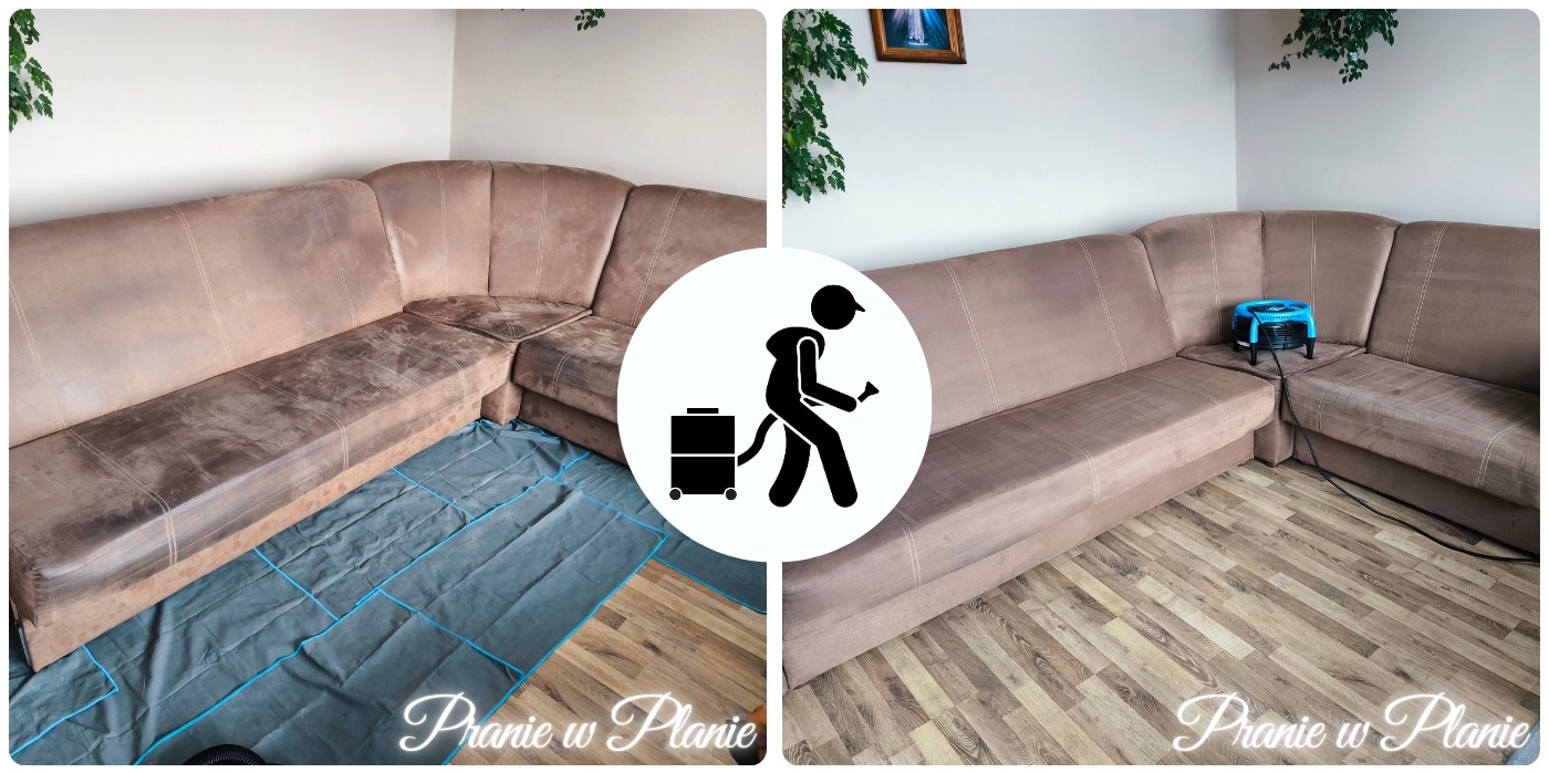 Porównanie narożnika przed i po czyszczeniu: po lewej stronie widoczne zabrudzenia, po prawej czysta tapicerka, na podłodze ochronna mata, w tle suszarka.