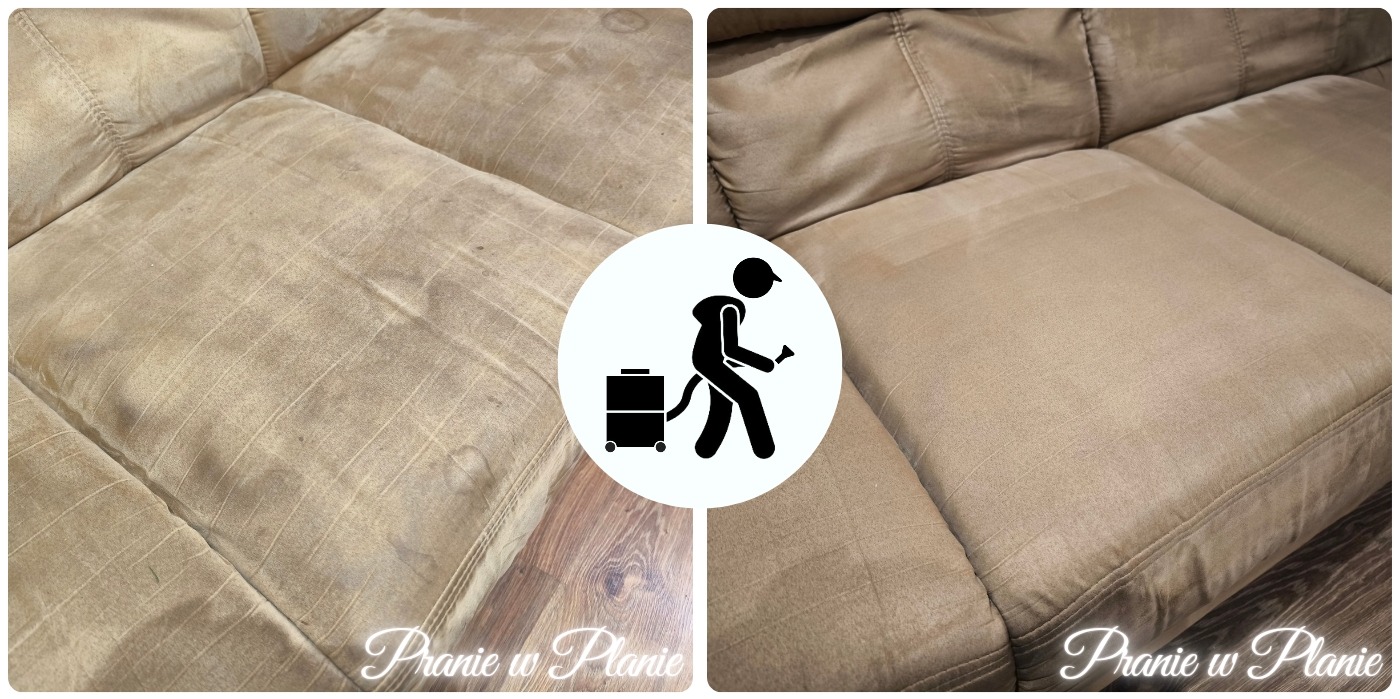 Beżowa kanapa przed i po czyszczeniu, widoczne różnice w odcieniu i usunięte plamy, logo firmy w centralnej części zdjęcia.