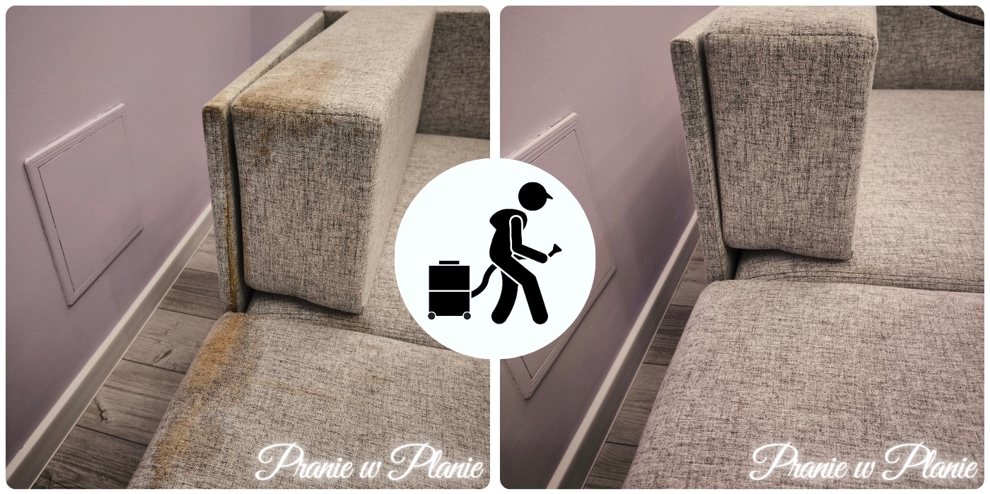 Porównanie stanu sofy przed i po czyszczeniu, z widocznymi plamami na lewej stronie i czystą tapicerką po prawej stronie, na tle fioletowej ściany z białą skrzynką rewizyjną.