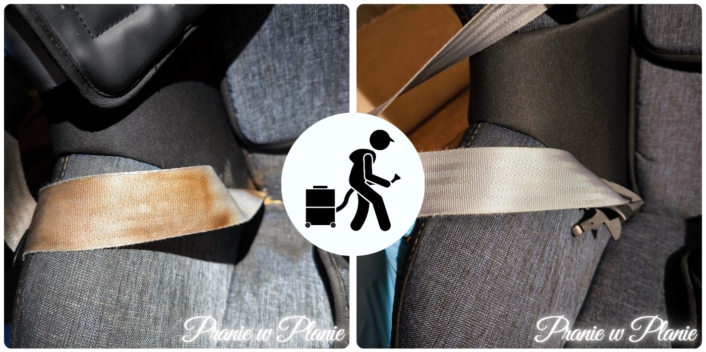 Porównanie: fotelik samochodowy z szarą tapicerką i brudnym, beżowym pasem bezpieczeństwa po lewej stronie, a po prawej ten sam fotelik z wyczyszczonym, jasnoszarym pasem.
