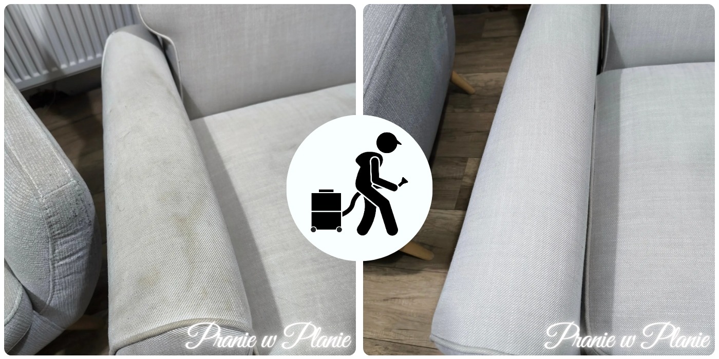 Porównanie fragmentu jasnoszarego fotela przed i po czyszczeniu, widoczne plamy i zabrudzenia po lewej stronie oraz czysta powierzchnia po prawej, z logo firmy pośrodku.