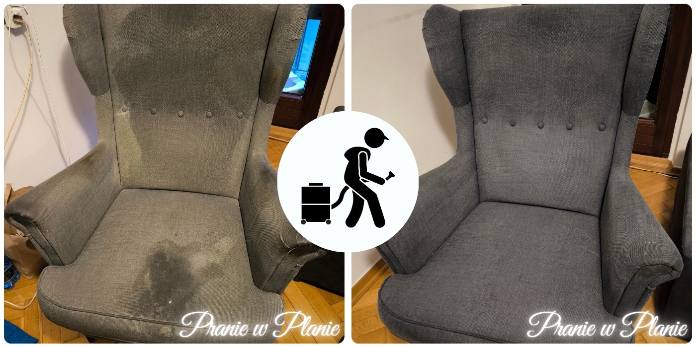 Fotografia typu 'przed i po' przedstawiająca szary fotel typu uszak. Lewa strona pokazuje fotel z widocznymi plamami i zabrudzeniami, prawa strona prezentuje ten sam fotel po czyszczeniu, bez...