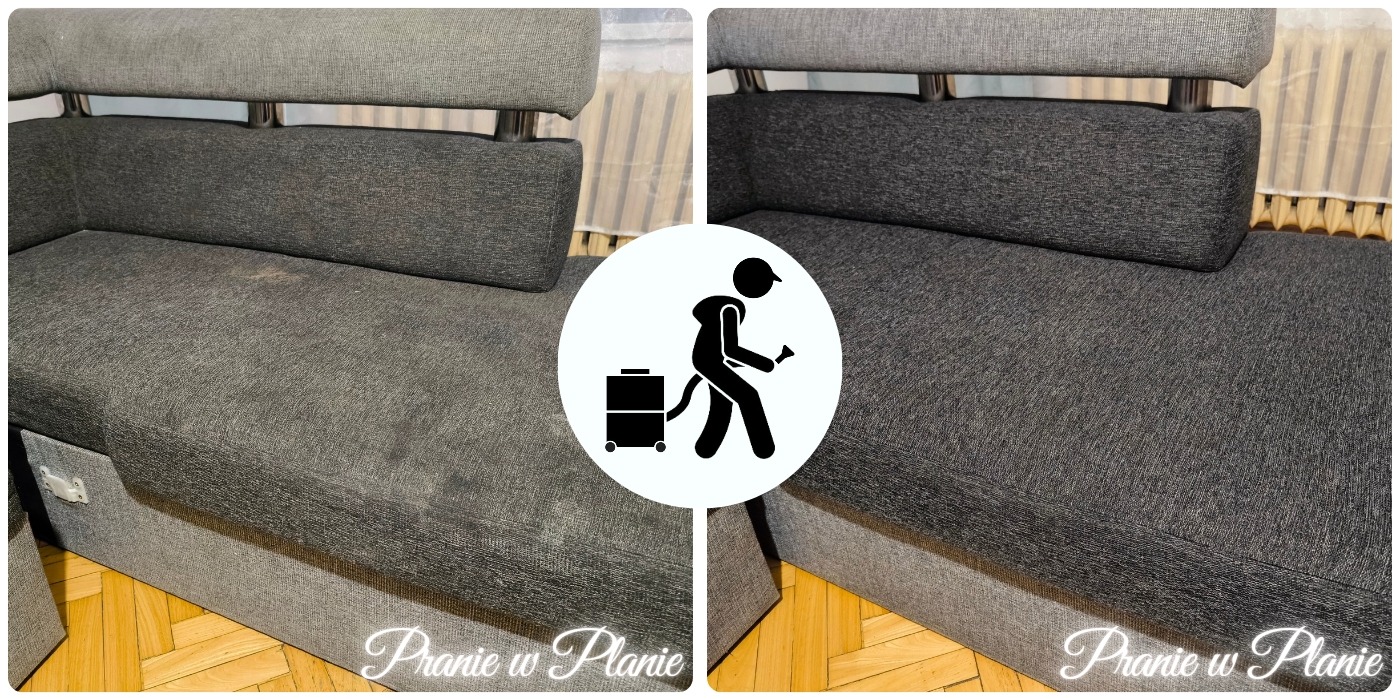 Porównanie: szara kanapa modułowa przed i po praniu, widoczne odświeżenie tapicerki, okrągłe logo firmy z sylwetką osoby czyszczącej.