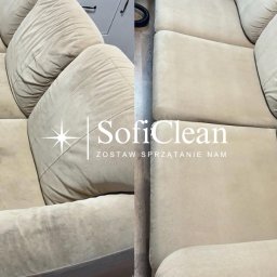 SofiClean - Beżowa sofa przed i po czyszczeniu, widoczne plamy i efekt odświeżenia, logo firmy na zdjęciu.
