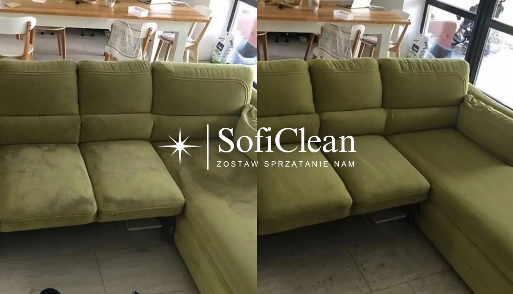 Porównanie przed i po czyszczeniu narożnika w odcieniach zieleni, z widocznym logo firmy SofiClean.