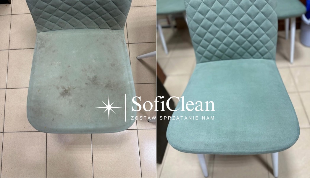 Krzesło tapicerowane w kolorze miętowym, widok z góry przed i po czyszczeniu, widoczne plamy i zabrudzenia na lewej połowie zdjęcia, prawa połowa prezentuje czysty materiał, logo firmy SofiClean...