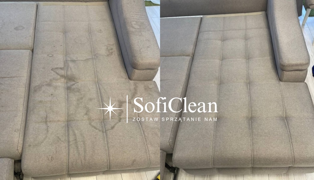 Zdjęcie 'przed i po' prania beżowej kanapy z widocznymi plamami po lewej stronie i czystą tapicerką po prawej, z logo firmy SofiClean na środku.
